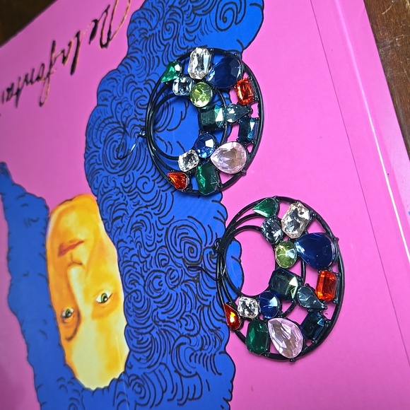 Colorful Fuax Gemstone Black Tone  Big  Earrings - Picture 13 of 17